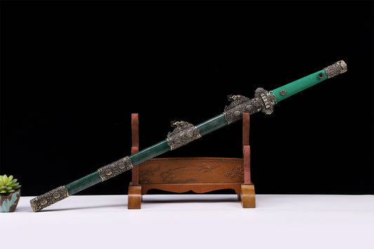 Emerald green genuine ray skin vintage engraved copper Tang straight sword lifestyle display