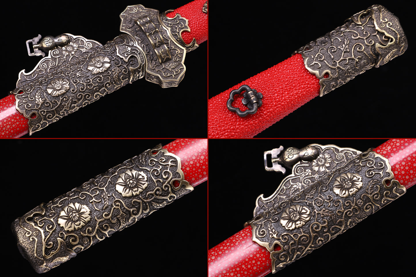 Red genuine ray skin scroll floral vintage copper sword guard close-up - scroll floral copper guard