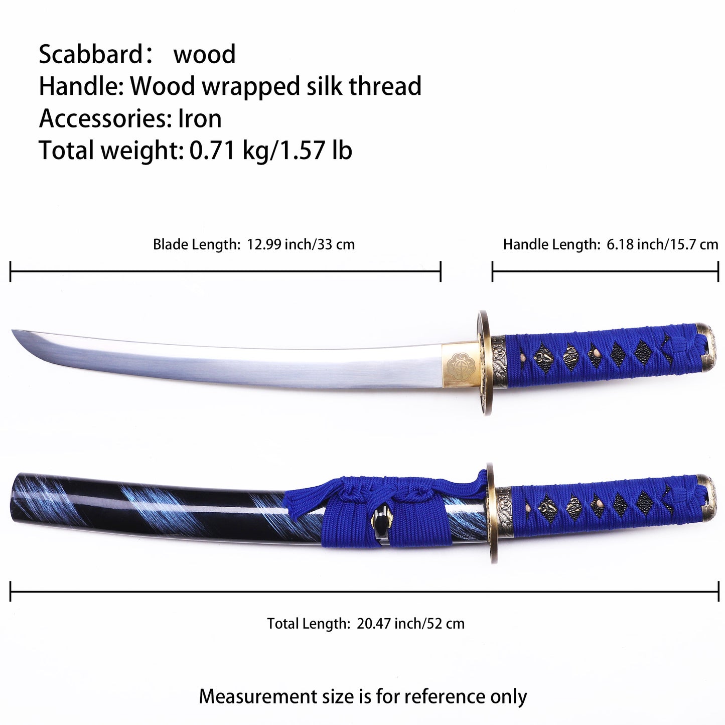 Blue handle black pattern tanto Full length dimension diagram