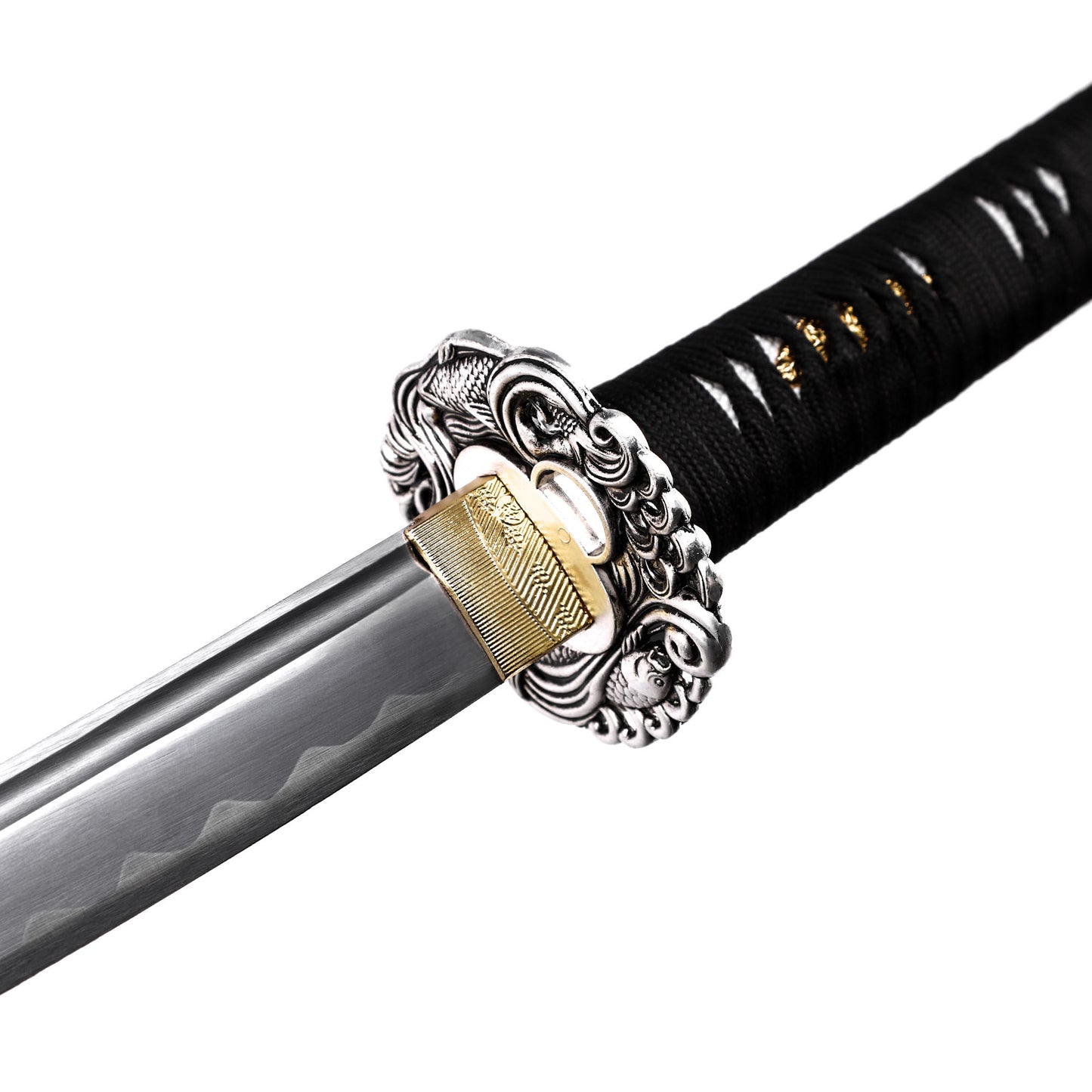 Silver dragon tsuba samurai katana Close up of blade