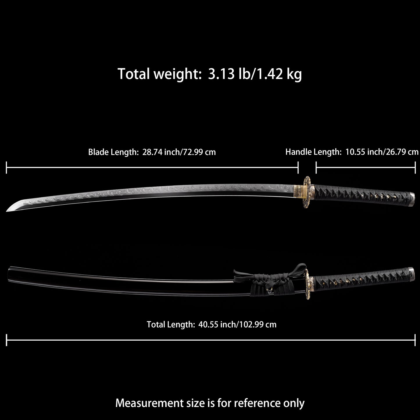 Katana sword 41 inch T10 steel clay tempered full tang - Size chart