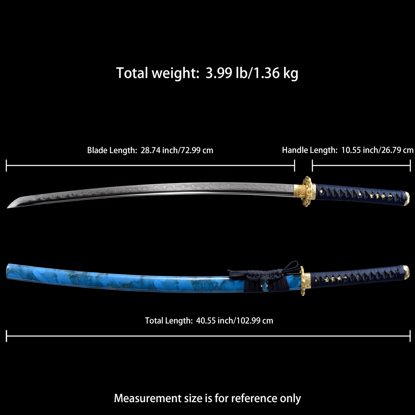 Katana sword 41 inch T10 steel clay tempered full tang - Size chart