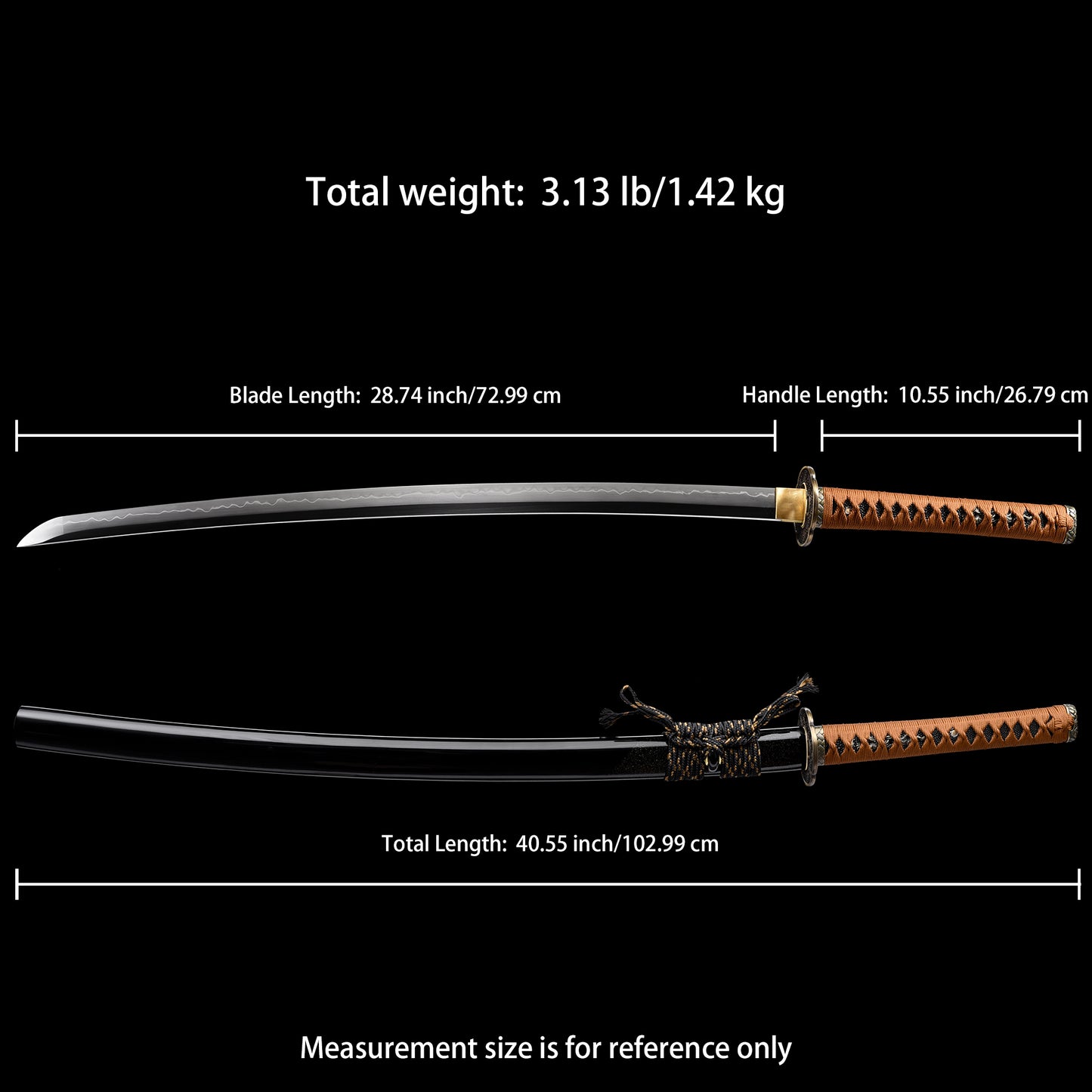 Katana sword 41 inch T10 steel clay tempered full tang - Size chart