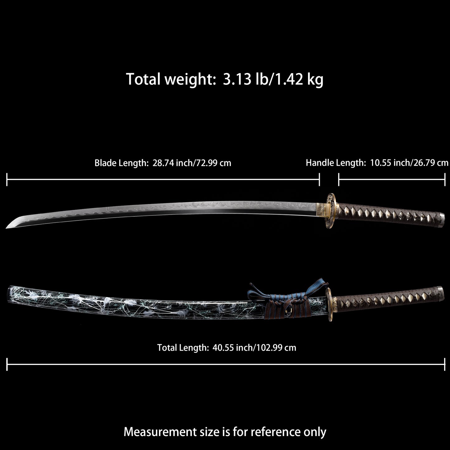 Katana sword 41 inch T10 steel clay tempered full tang - Size chart