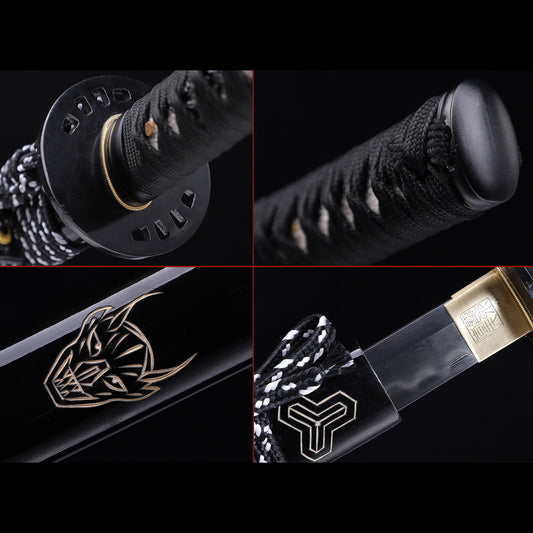 Damascus Steel Clay Tempered Katana, Gloss Black Lacquer Saya