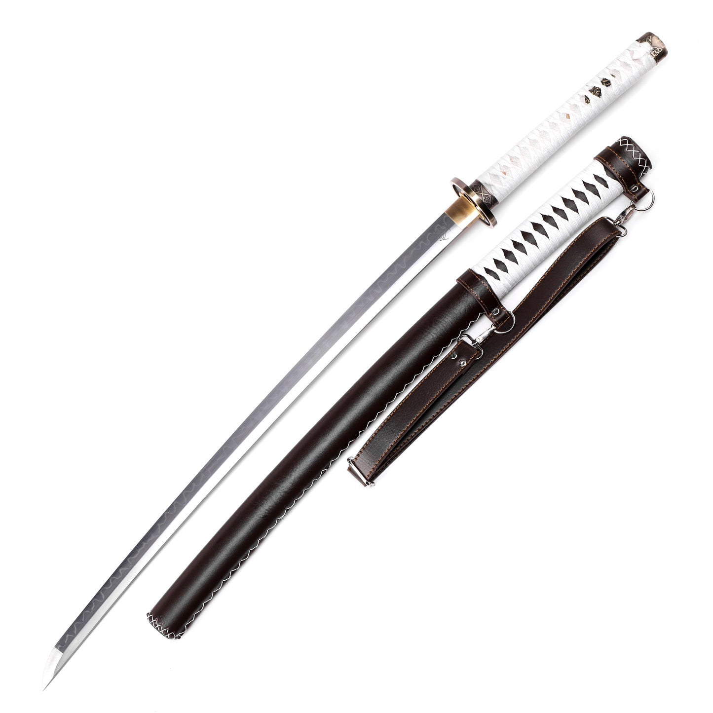 Game replica white handle katana side profile - full tang blade white tsuka wrap