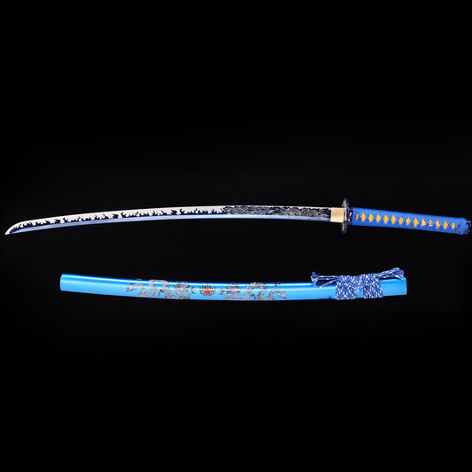 Blue Dragon Japanese samurai katana with saya scabbard - full set view