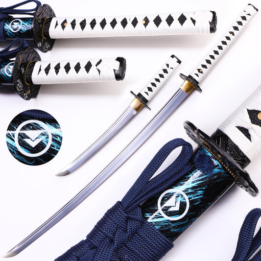 White Handle & Blue Flame Pattern Samurai Sword Set, Short & Long Versions