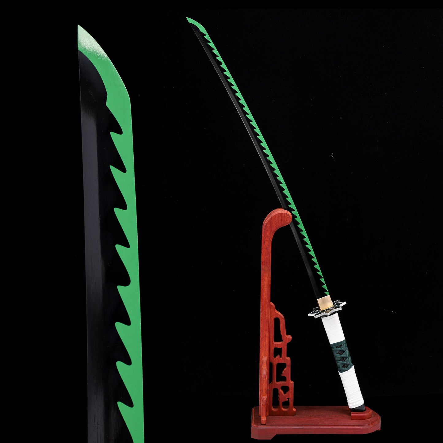 Demon Slayer Sanemi Nichirin sword blade close-up - green steel edge and hamon detail