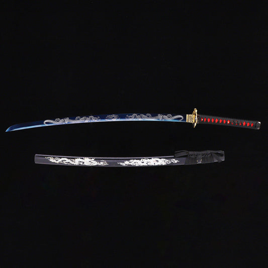 Blue Black Dragon katana with saya scabbard - full set view