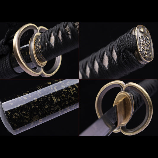 Layered Damascus Steel Hand Forged Katana, Black Gold Glitter Lacquer Saya