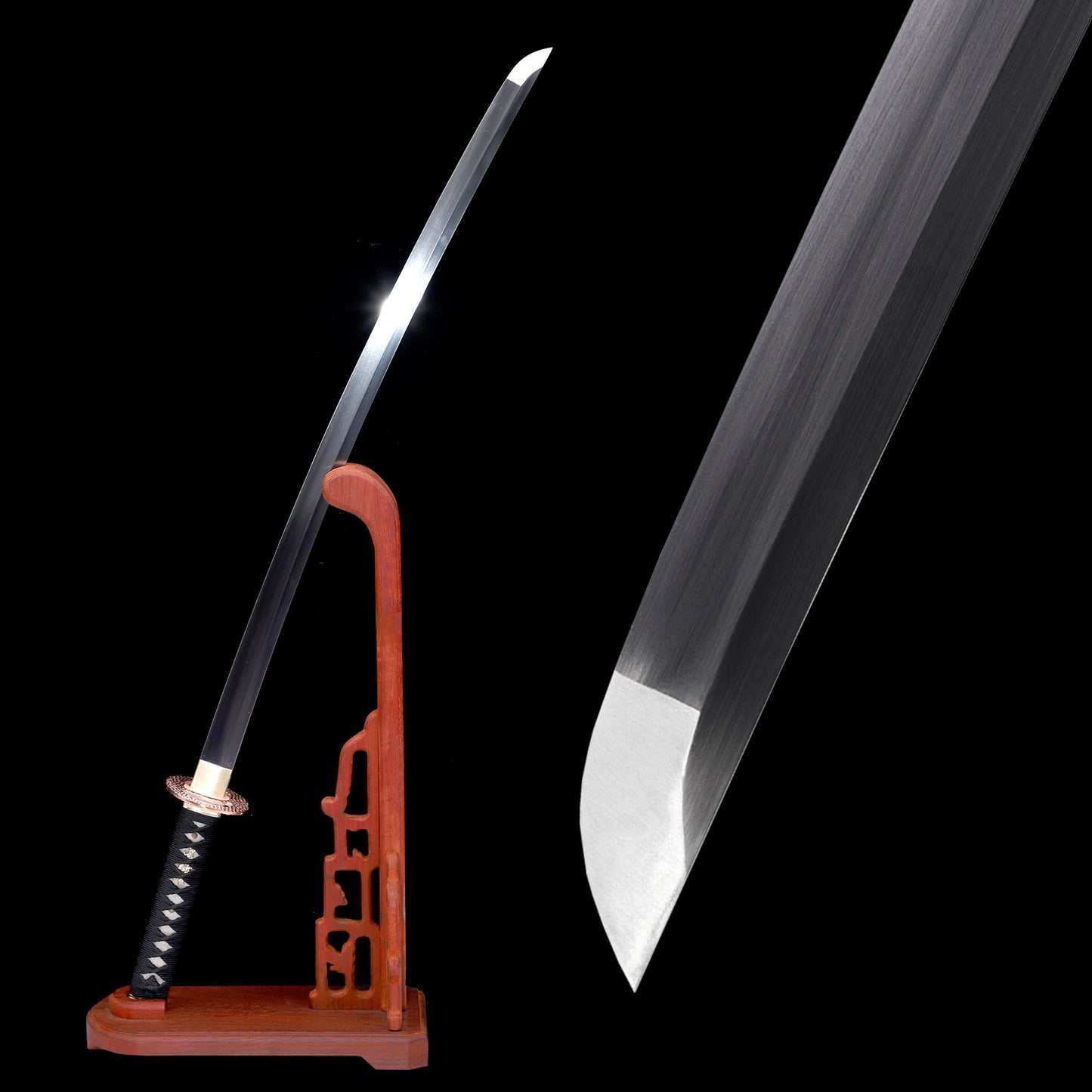 Katana blade close-up - razor sharp steel edge and hamon detail black saya