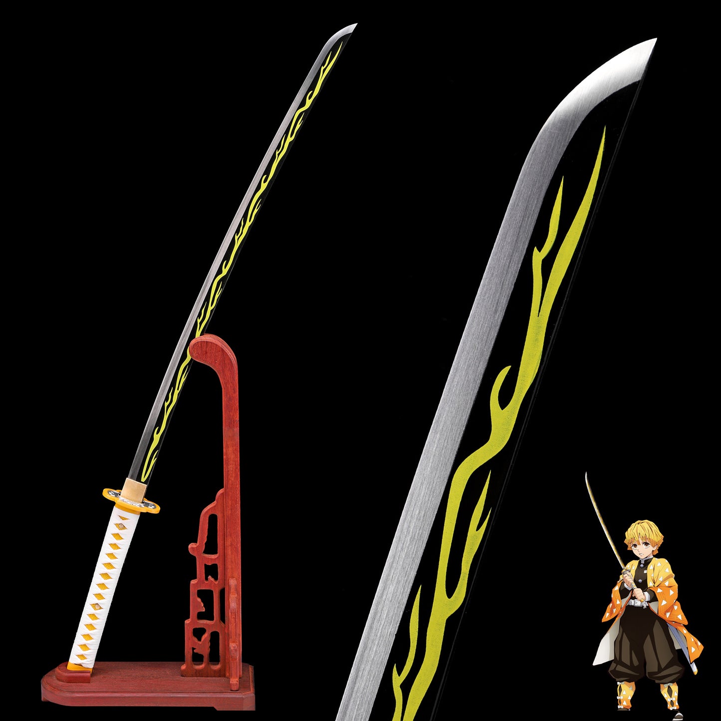 Demon Slayer Zenitsu Nichirin sword blade close-up - yellow steel edge and hamon detail