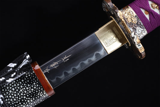 Purple Cord Gold Silver Plated Copper Horn Edged Ray Skin Lacquer Saya Full Tang Sword