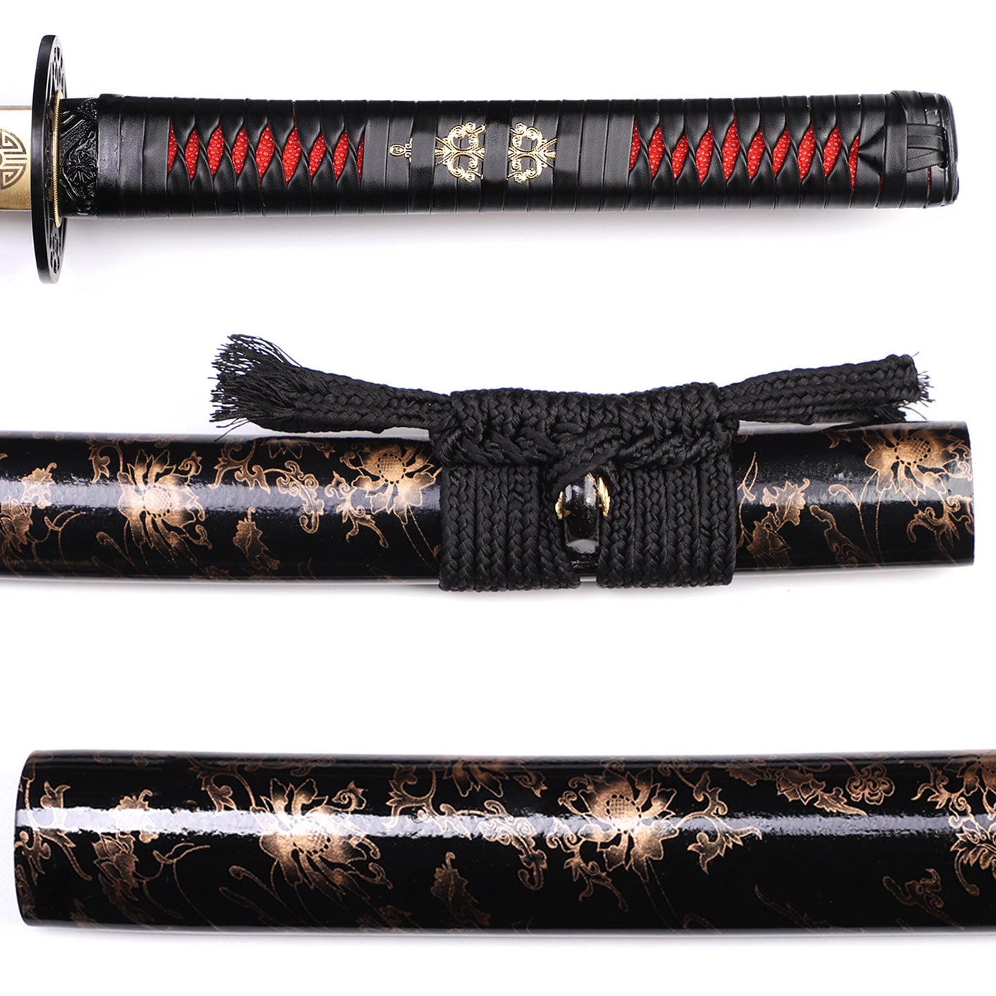 Black gold floral saya close-up - gold floral lacquer pattern scabbard detail