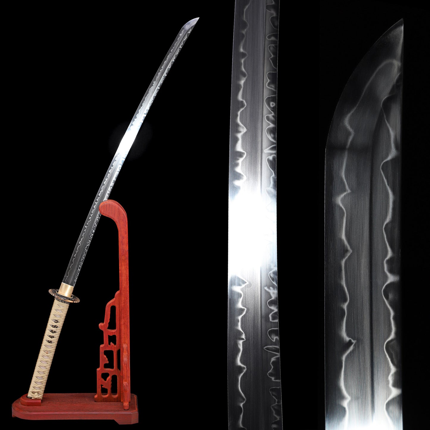 T10 steel double hamon katana blade close-up - dual hamon line clay tempered steel edge