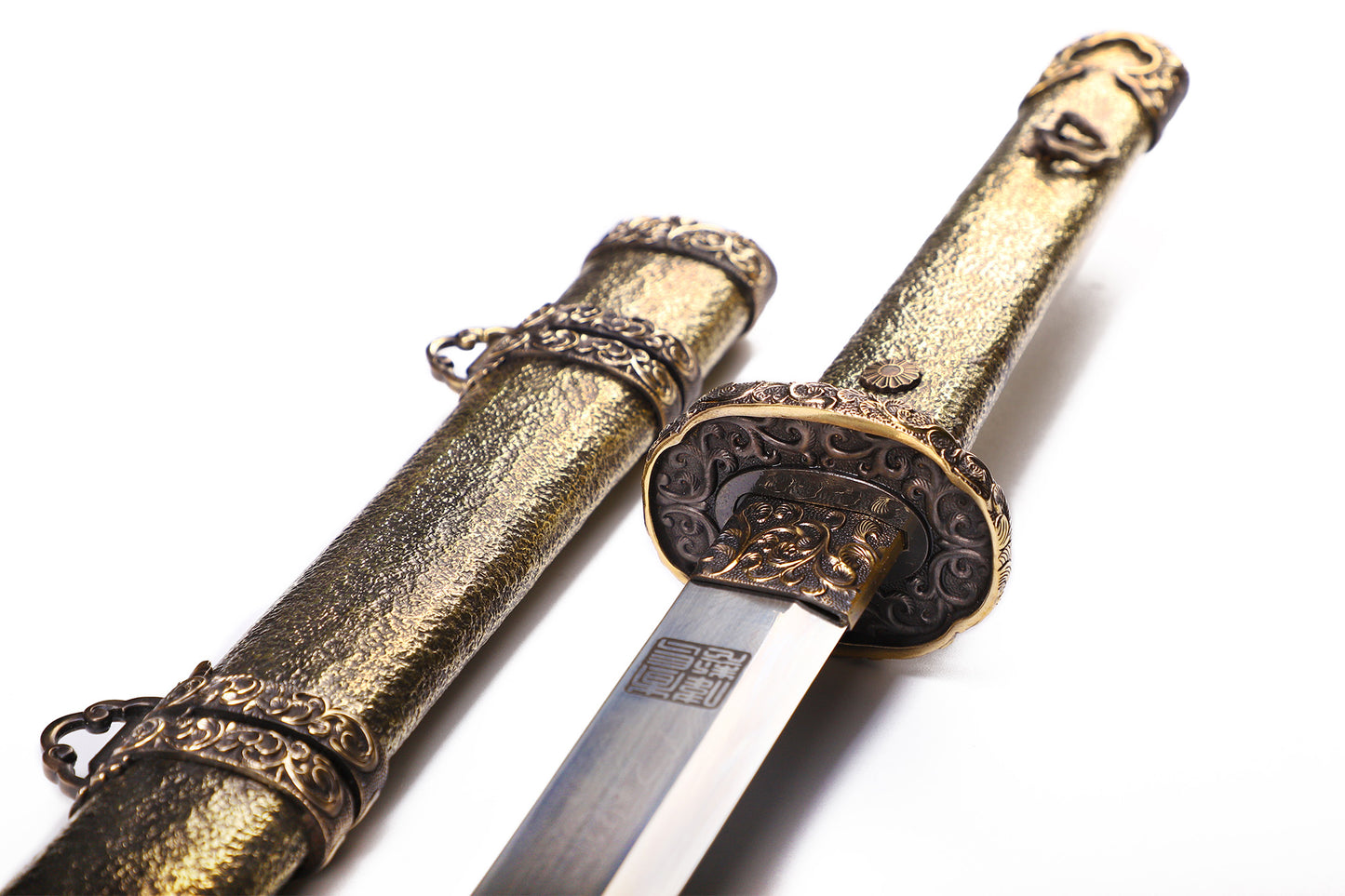 Vintage hand carved copper wrapped wood saya sword guard close-up - hand carved copper guard