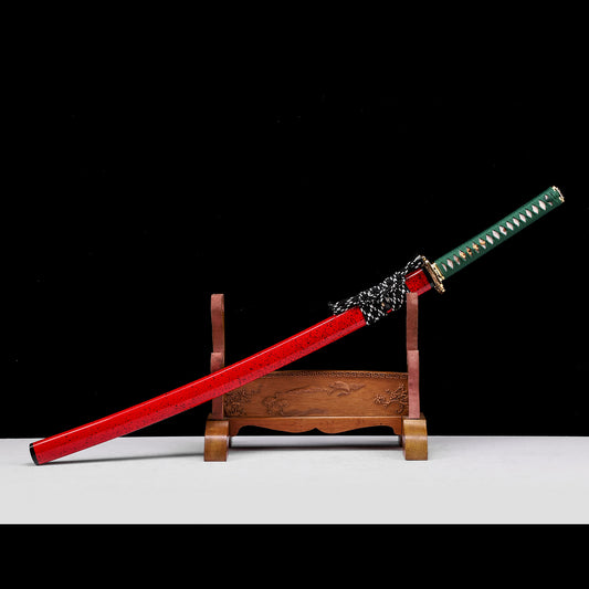 Pattern Steel Katana with Green Handle & Red Saya
