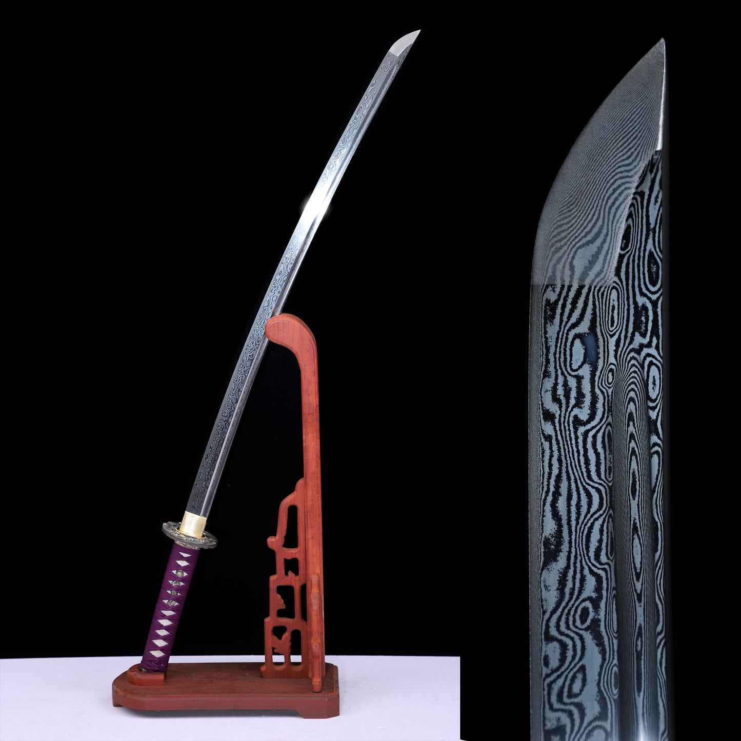 Damascus Steel Engraved Blade Katana, Black White Art Lacquer Saya