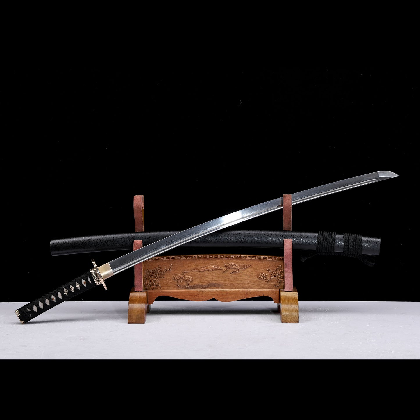 Damascus Steel Oil-Quenched Katana, Black Speckled Lacquer Saya