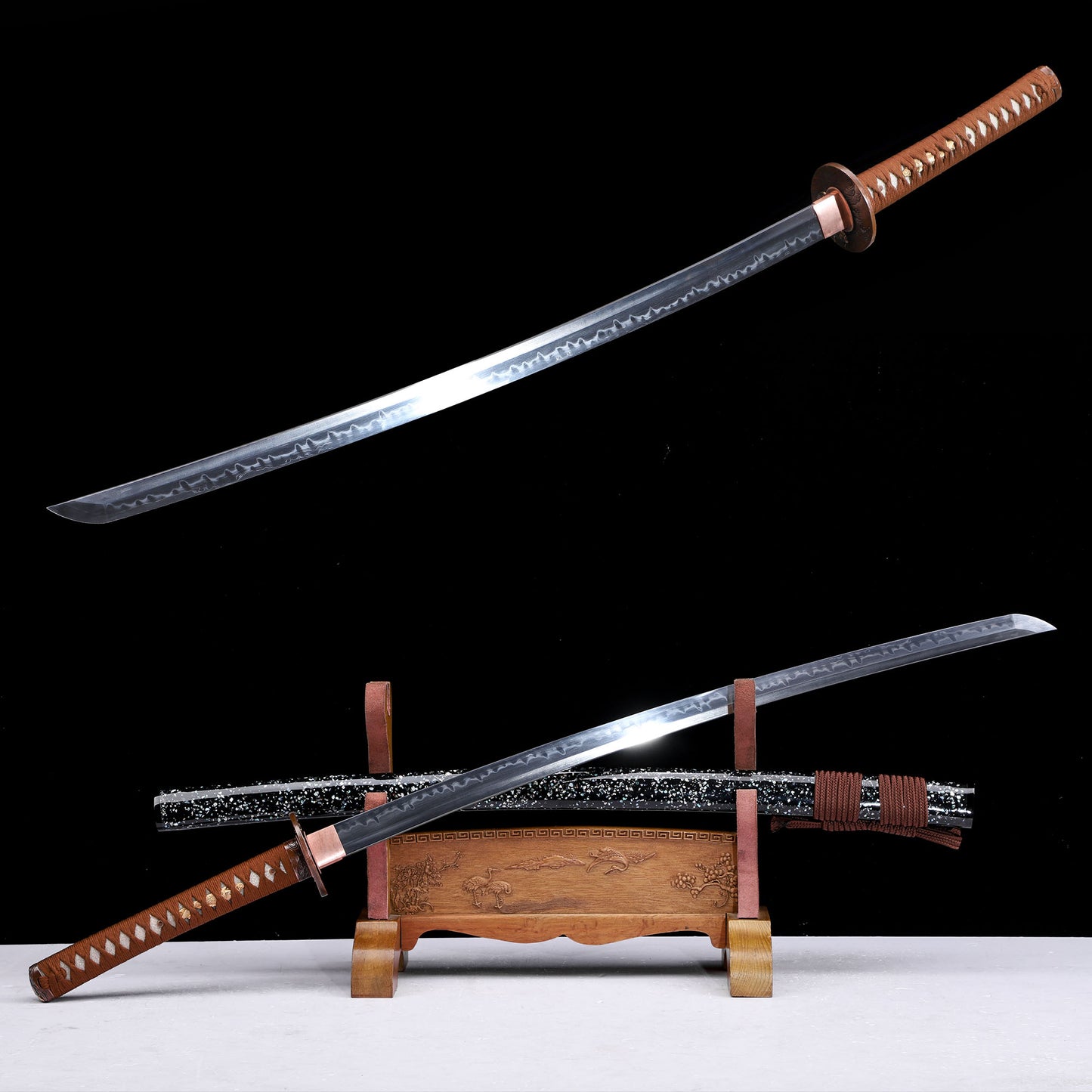 Sanmai-Gumi Clay Tempered Katana, Koi Fish Relief Gold Silver Plated Copper Fittings