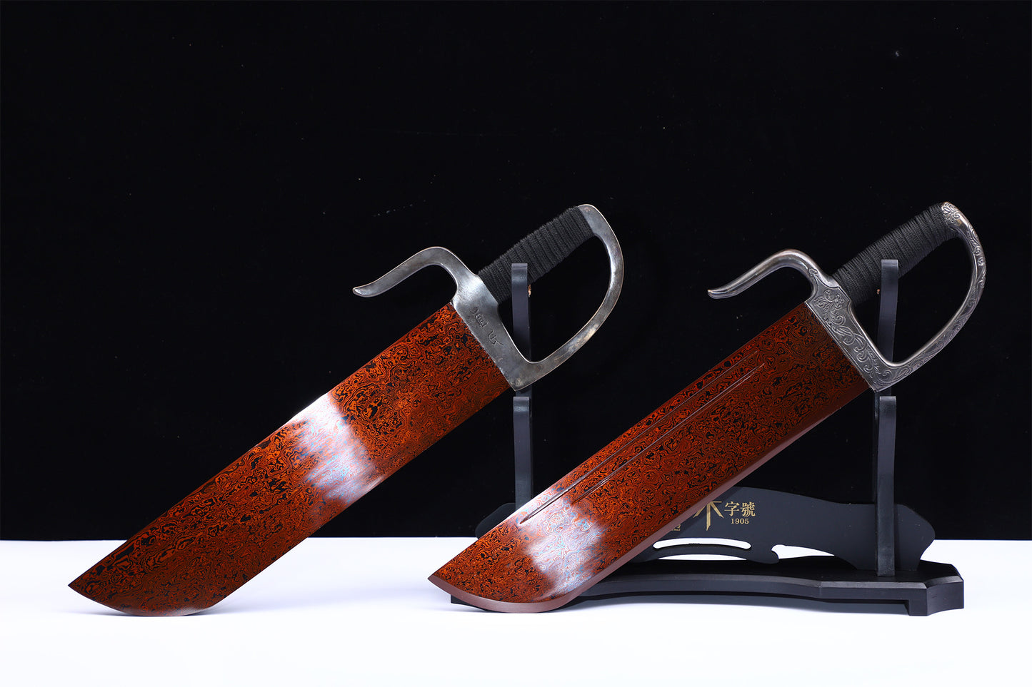 Vintage Engraved Brass Guard Thick Leather Wrapped Wood Saya Twin Knives