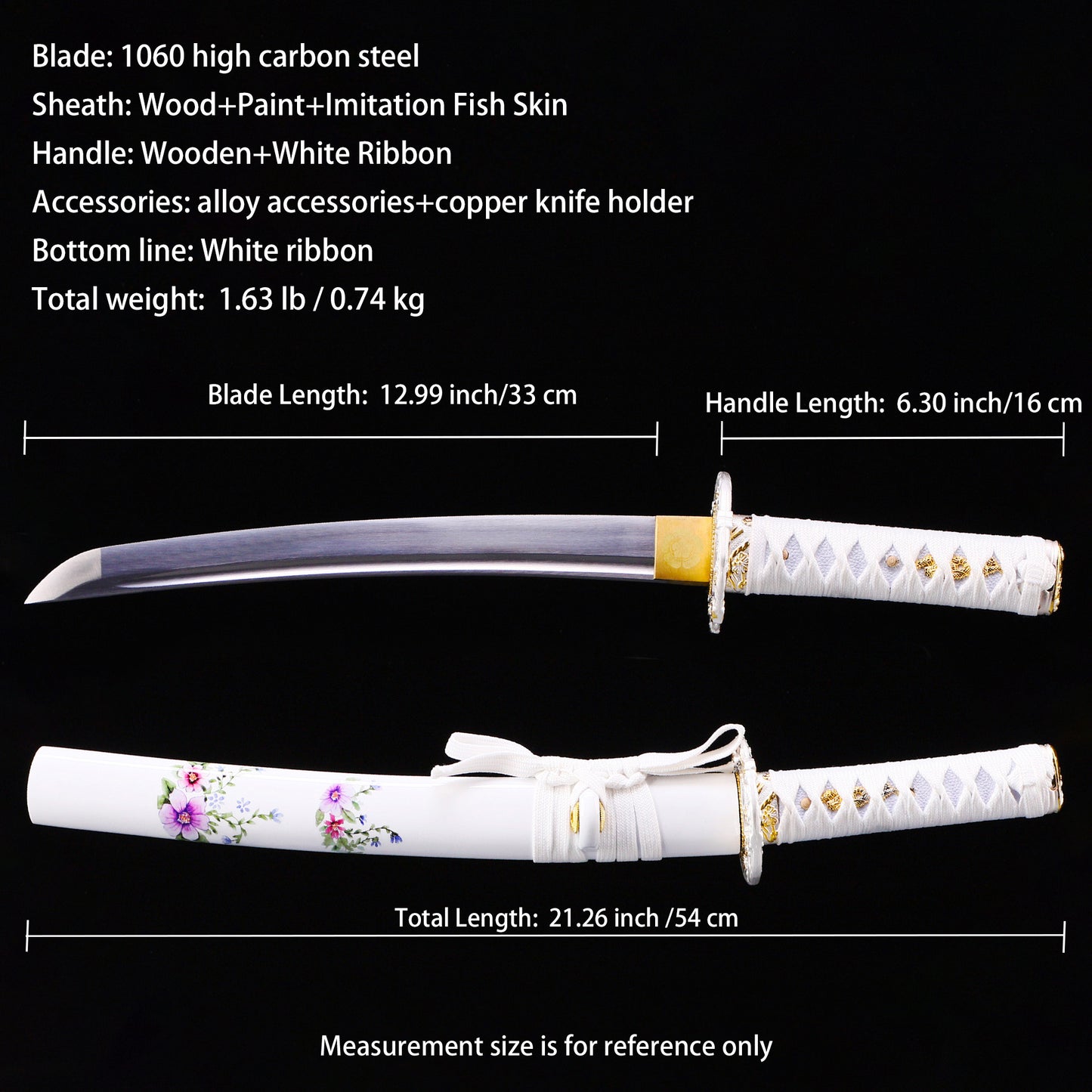 White handle tanto Full length dimension diagram