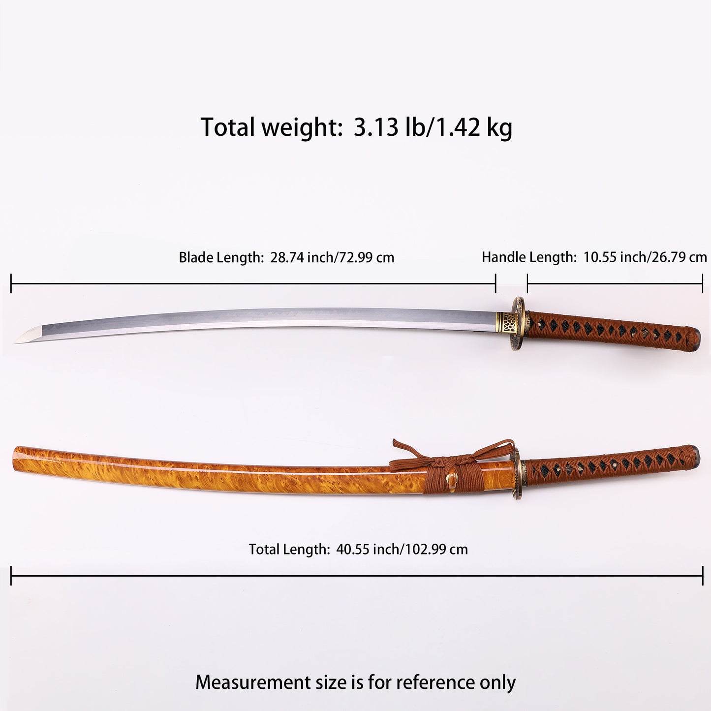 Katana sword 41 inch T10 steel clay tempered full tang - Size chart
