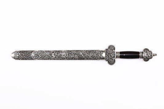Antique Dragon Engraved Blade, Full Silver Plated Copper Scabbard Ebony Handle Dagger