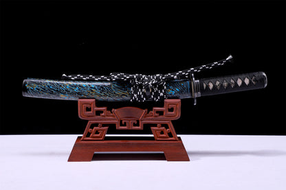 Blue Pattern R lacquer Saya Silver Inlaid Iron Fittings Full Tang Katana