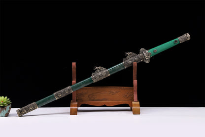 Emerald Green Genuine Ray Skin Vintage Engraved Copper Fittings Tang Straight sword