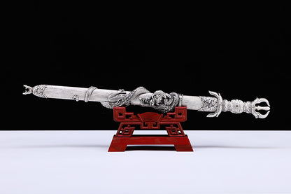 Heritage Series 3D Coiled Dragon Relief Short Sword, Antique Silver Plated Copper Wrapped Wood Saya
