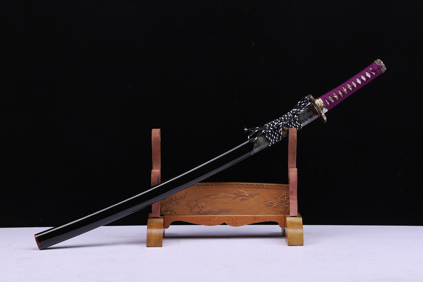 Purple Cord Gold Silver Plated Copper Horn Edged Ray Skin Lacquer Saya Full Tang  Sword