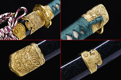 Green handle hand forged katana Detail display