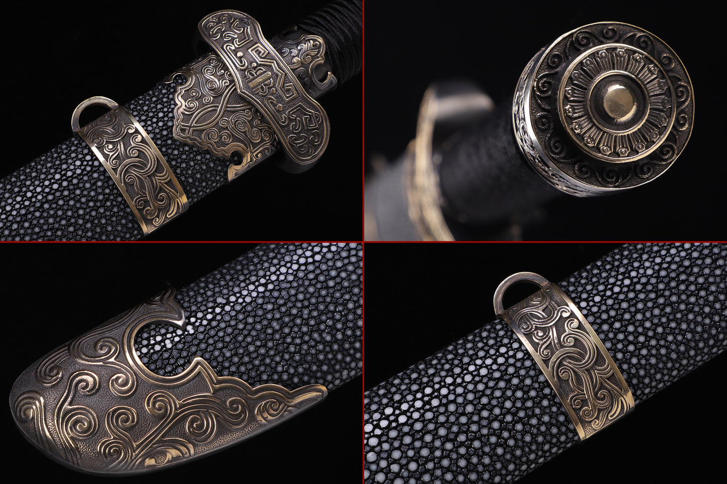 Black Genuine Ray Skin Antique Relief Copper Fittings Full Tang Collectible Sword