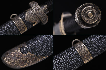 Black Genuine Ray Skin Antique Relief Copper Fittings Full Tang Collectible Sword