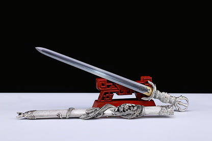 Heritage Series 3D Coiled Dragon Relief Short Sword, Antique Silver Plated Copper Wrapped Wood Saya