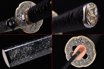 Iridescent Glitter Shell Lacquer Saya Gold Engraved Copper  Full Tang Collectible Sword