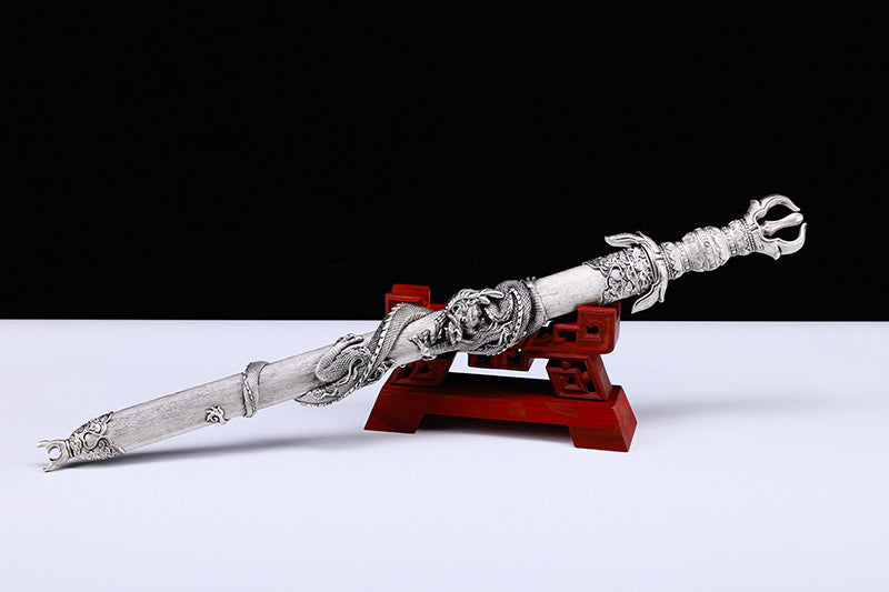Heritage Series 3D Coiled Dragon Relief Short Sword, Antique Silver Plated Copper Wrapped Wood Saya