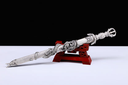 Heritage Series 3D Coiled Dragon Relief Short Sword, Antique Silver Plated Copper Wrapped Wood Saya