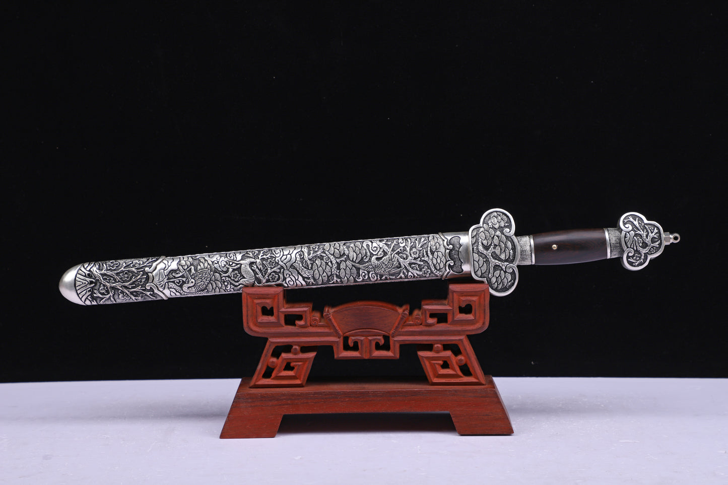 Meteorite Mixed Iron Sanmai Forged Short Sword, Antique Silver Plated Full Carved Copper Scabbard