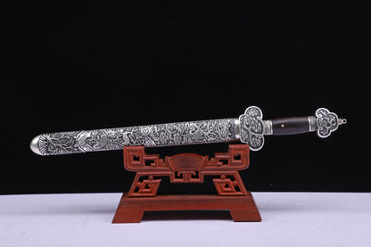 Meteorite Mixed Iron Sanmai Forged Short Sword, Antique Silver Plated Full Carved Copper Scabbard