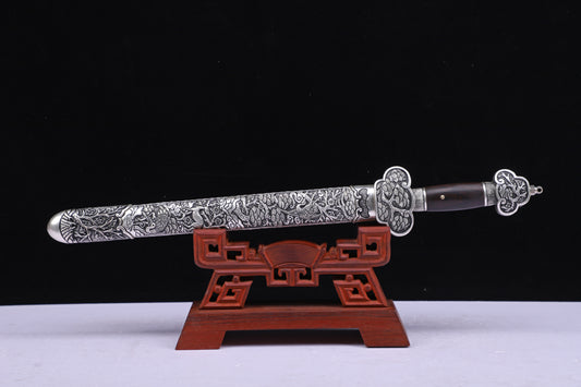 Meteorite Mixed Iron Sanmai Forged Short Sword, Antique Silver Plated Full Carved Copper Scabbard