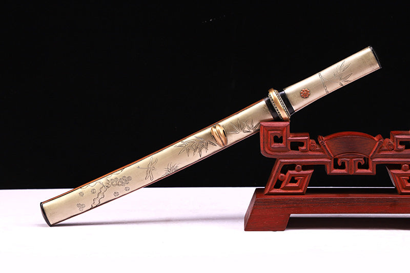 Plum & Bamboo Engraved Damascus Short Sword