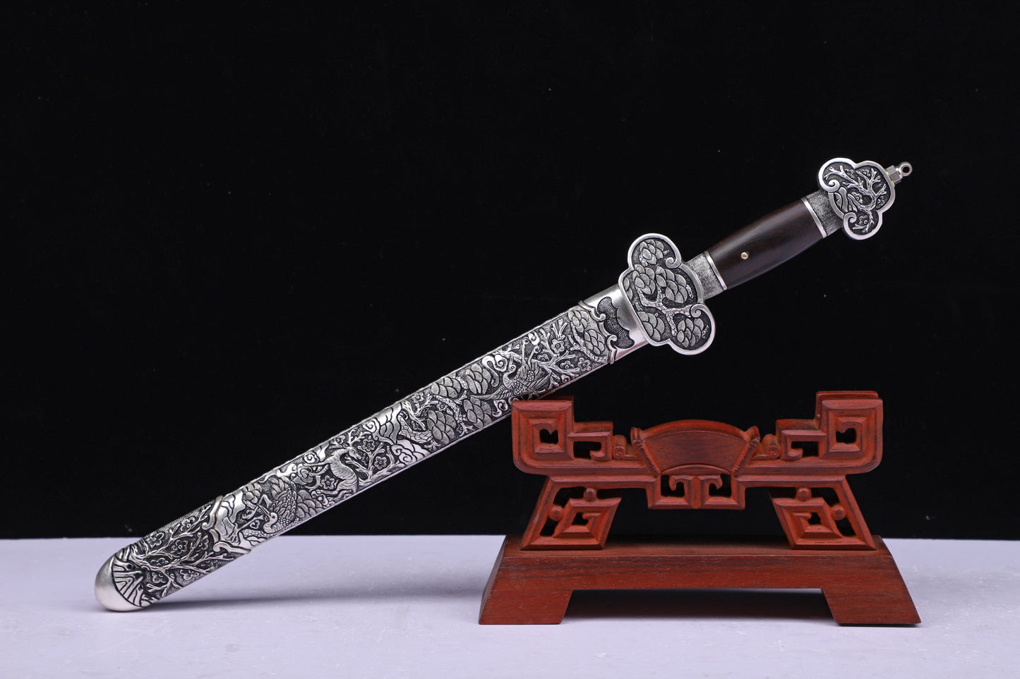 Meteorite Mixed Iron Sanmai Forged Short Sword, Antique Silver Plated Full Carved Copper Scabbard