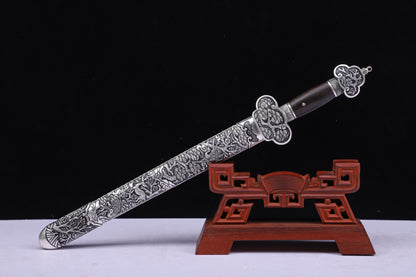 Meteorite Mixed Iron Sanmai Forged Short Sword, Antique Silver Plated Full Carved Copper Scabbard