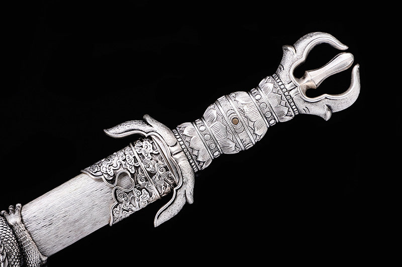Heritage Series 3D Coiled Dragon Relief Short Sword, Antique Silver Plated Copper Wrapped Wood Saya