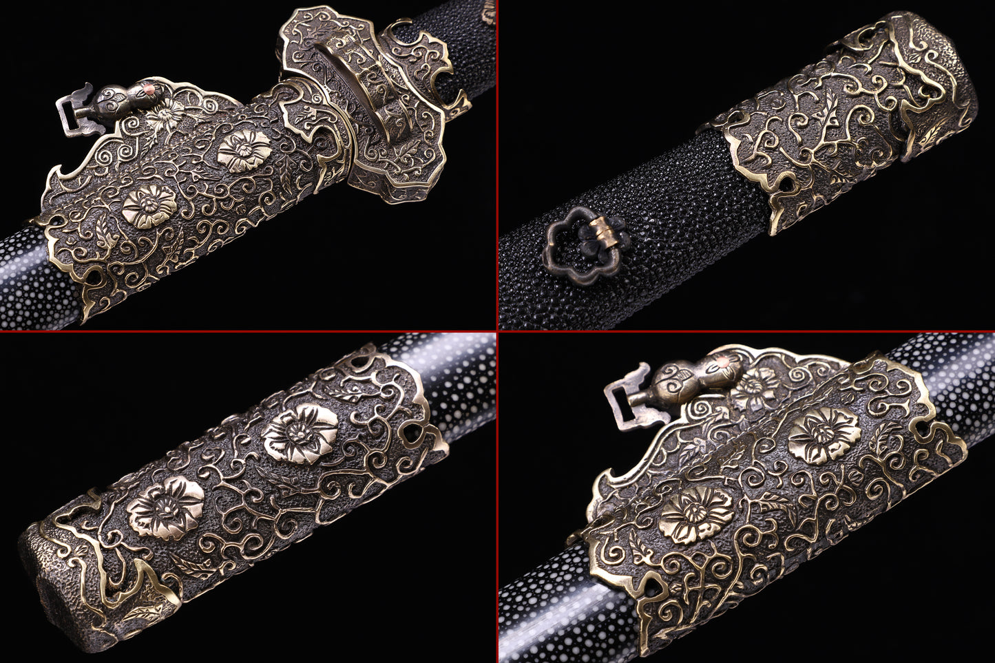 Full Wrapped Black Ray Skin Peony Scroll Vintage Copper Fittings Sword