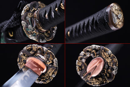 Green Ray Skin Lacquer Saya Gold Silver Plated Copper Fittings Full Tang Sword