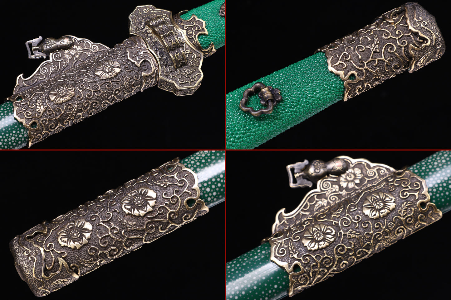 Emerald Green Genuine Ray Skin Scroll Floral Vintage Copper Fittings Sword